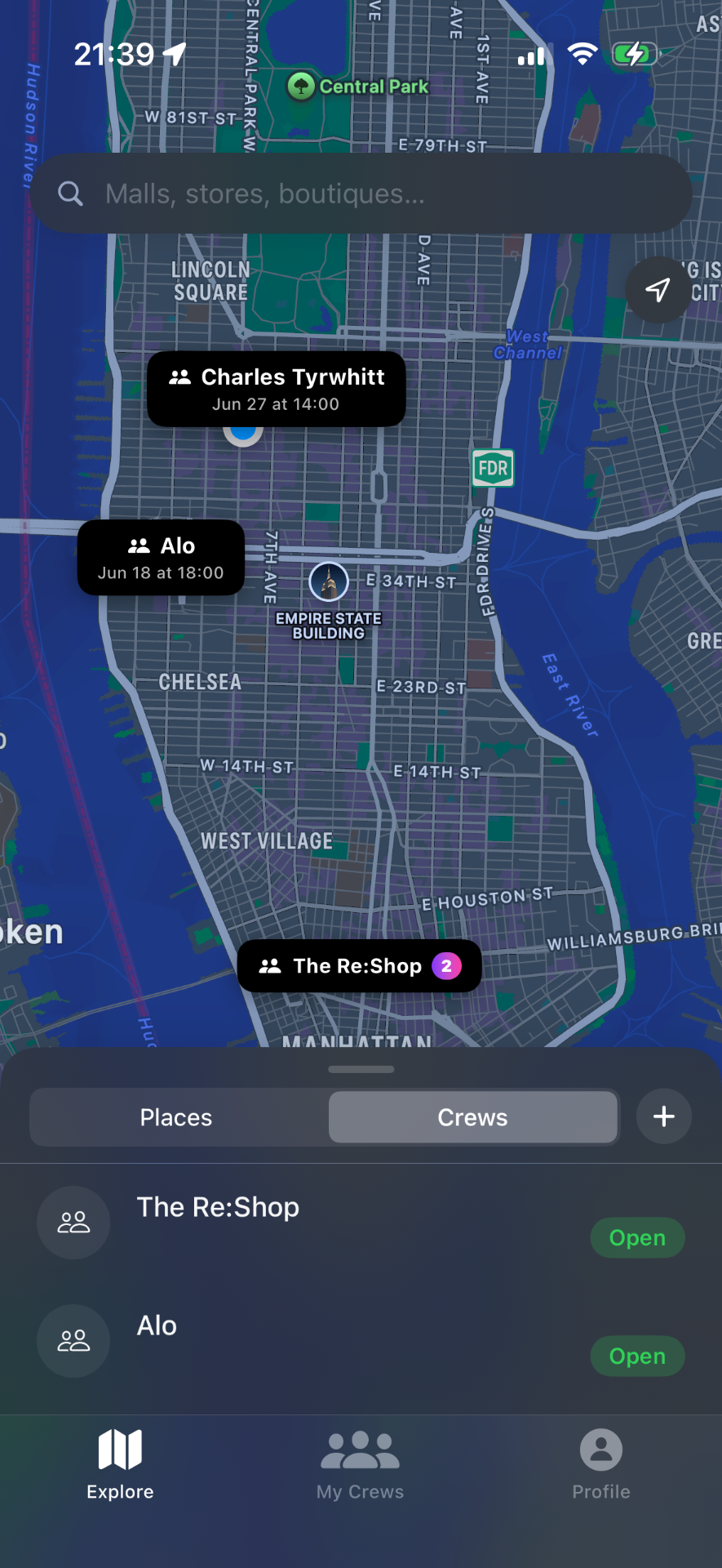 Aisle explore map showing open shopping crews across NYC