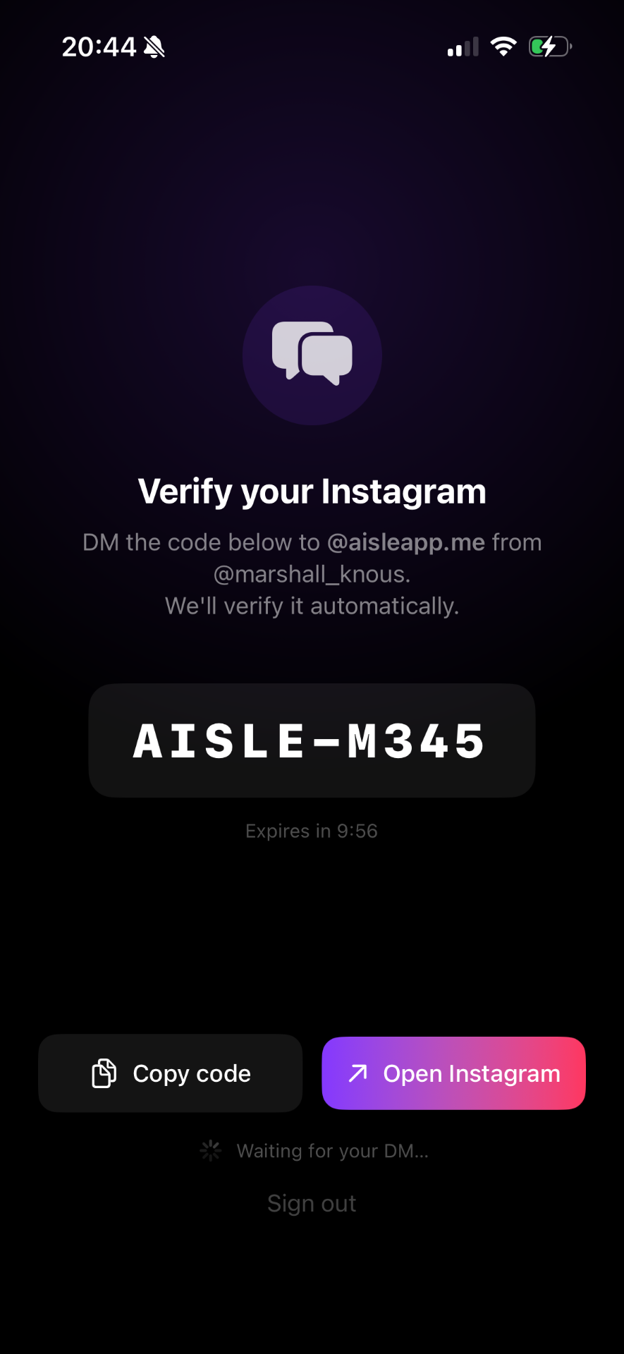 Aisle Instagram verification screen with code AISLE-M345