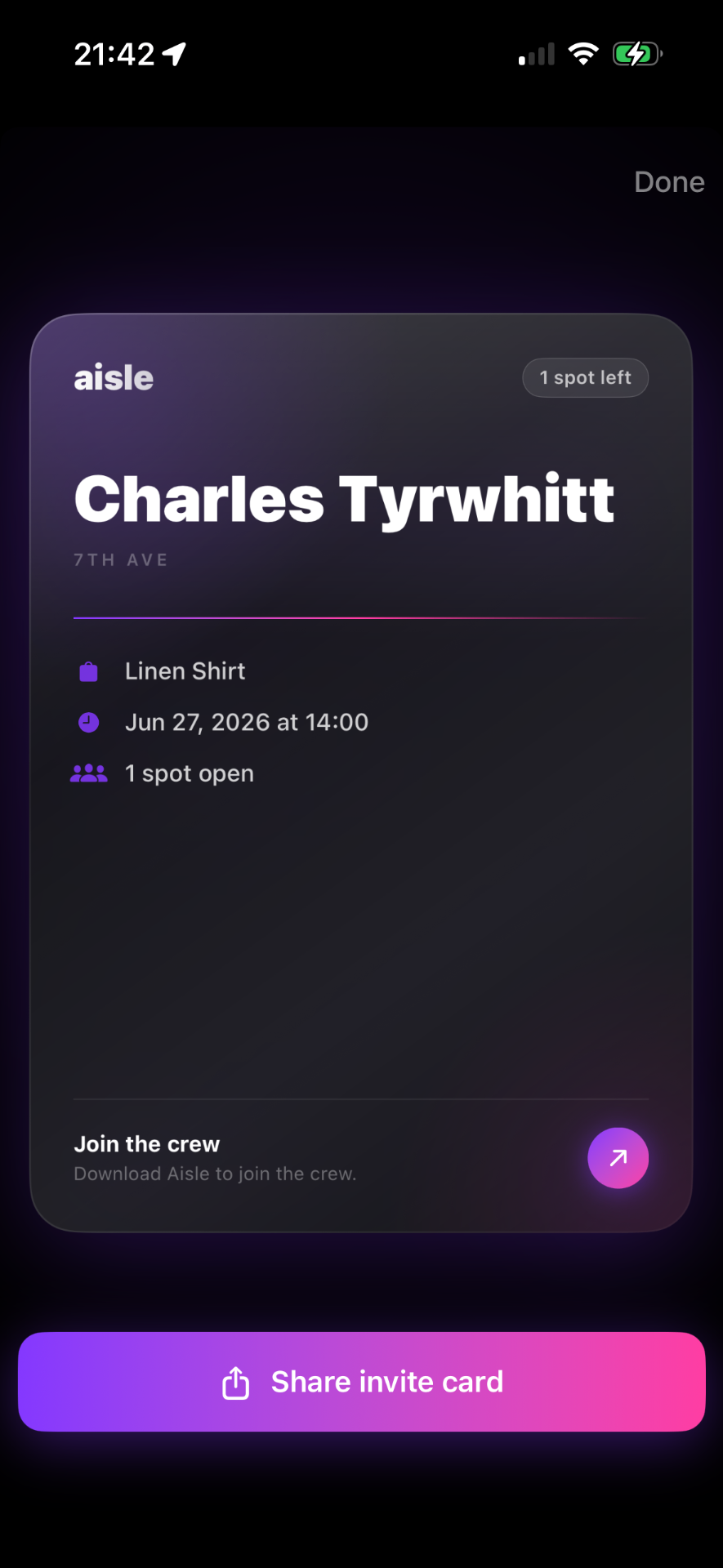 Aisle invite card for a Charles Tyrwhitt linen shirt crew