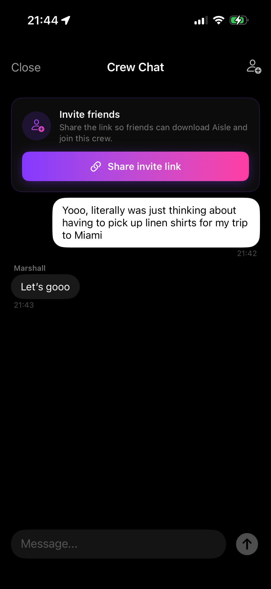 Aisle crew chat about picking up linen shirts before a Miami trip